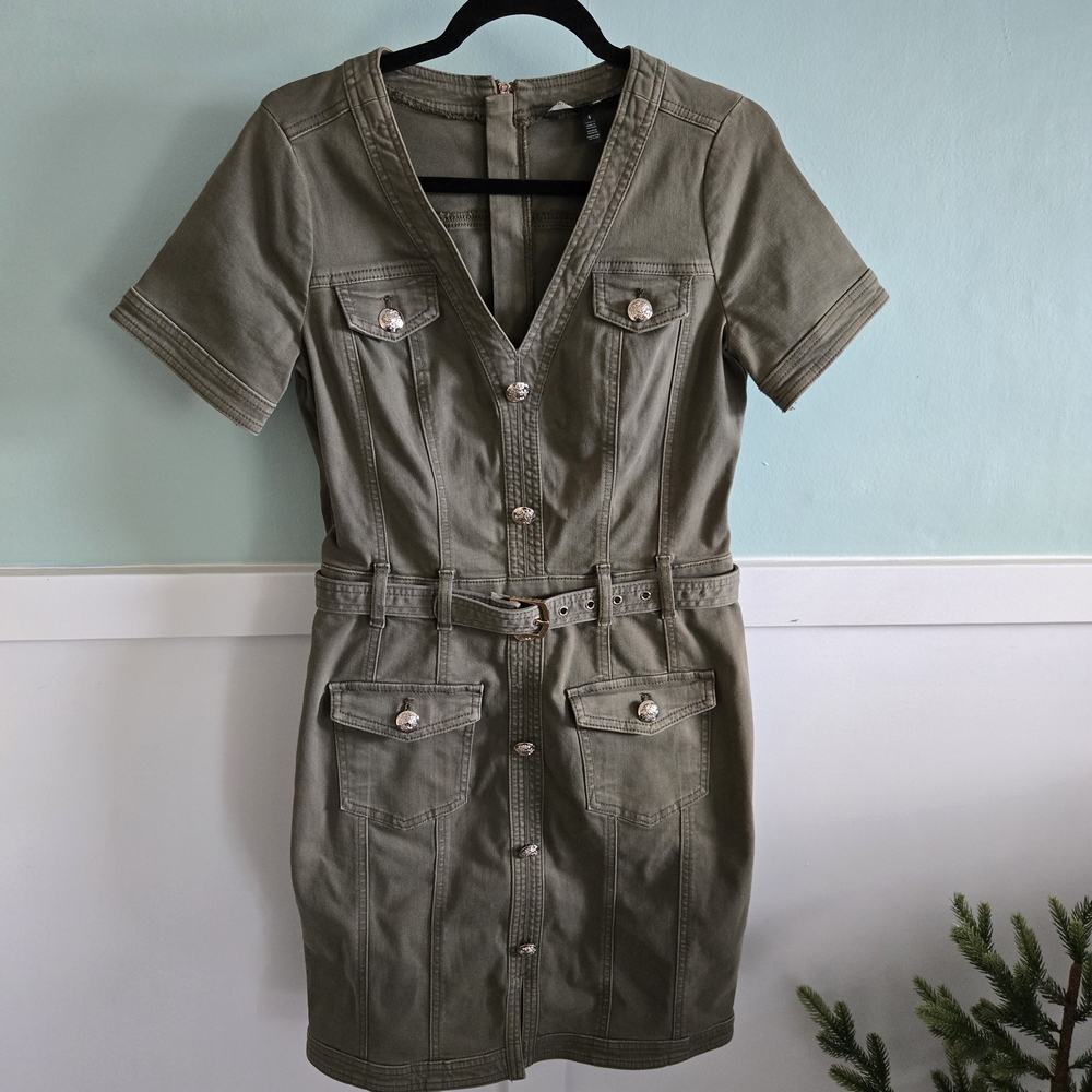 White House Black Market Olive Green Belted Shirt Dress Button Pockets Short